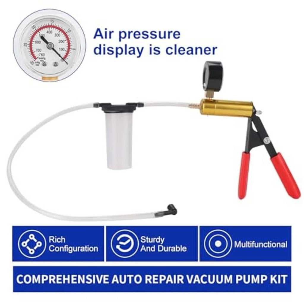 Handheld vacuum pump with gauge display, clear hose, and red clamp handle with brass fitting
