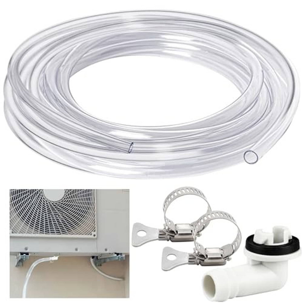 Air conditioner drain hose kit with clear tubing coil, white PVC joint, and metal clamps