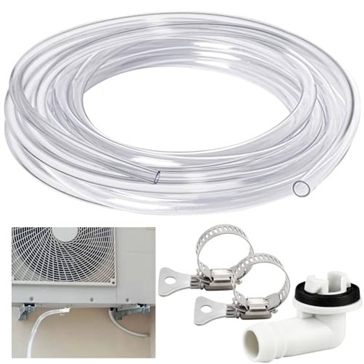 Air conditioner drain hose kit with clear tubing coil, white PVC joint, and metal clamps