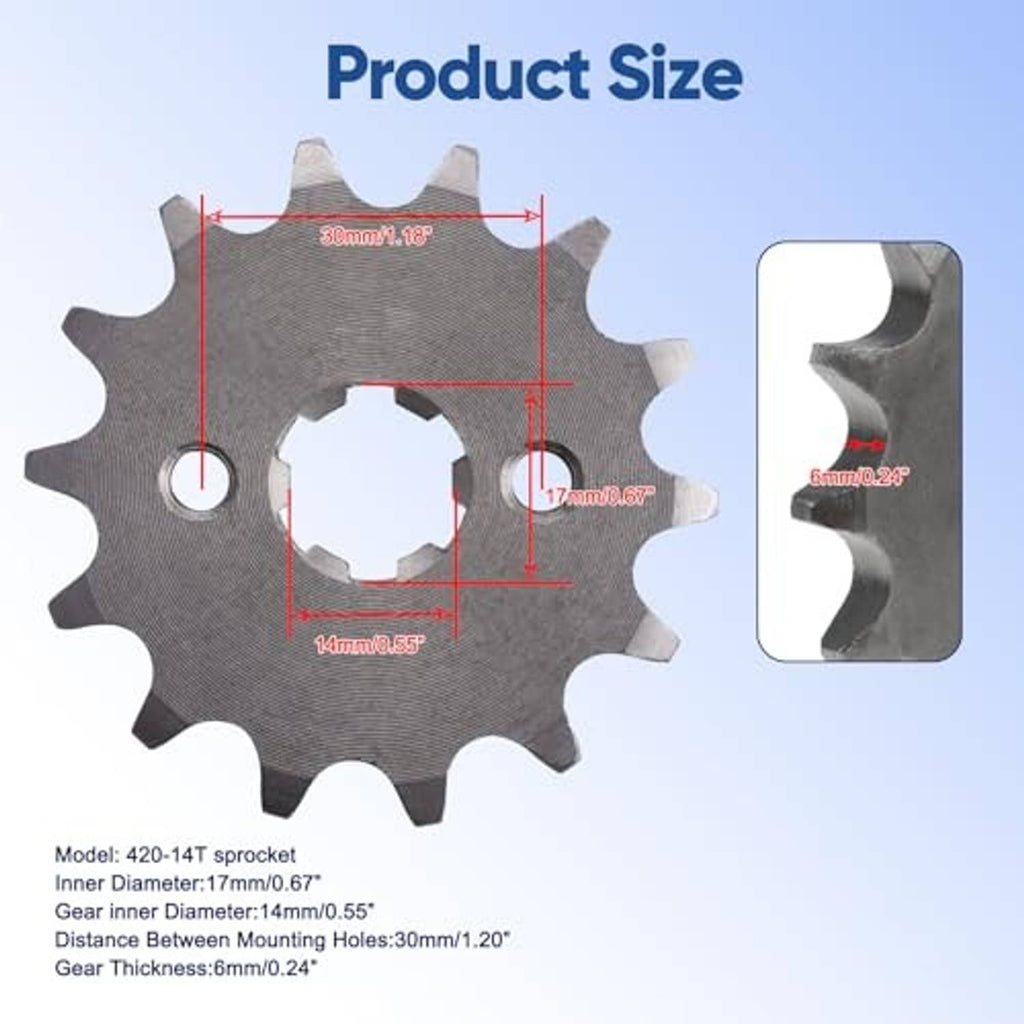 Gray front engine sprocket with gear teeth and inner bore, shown with size measurements
