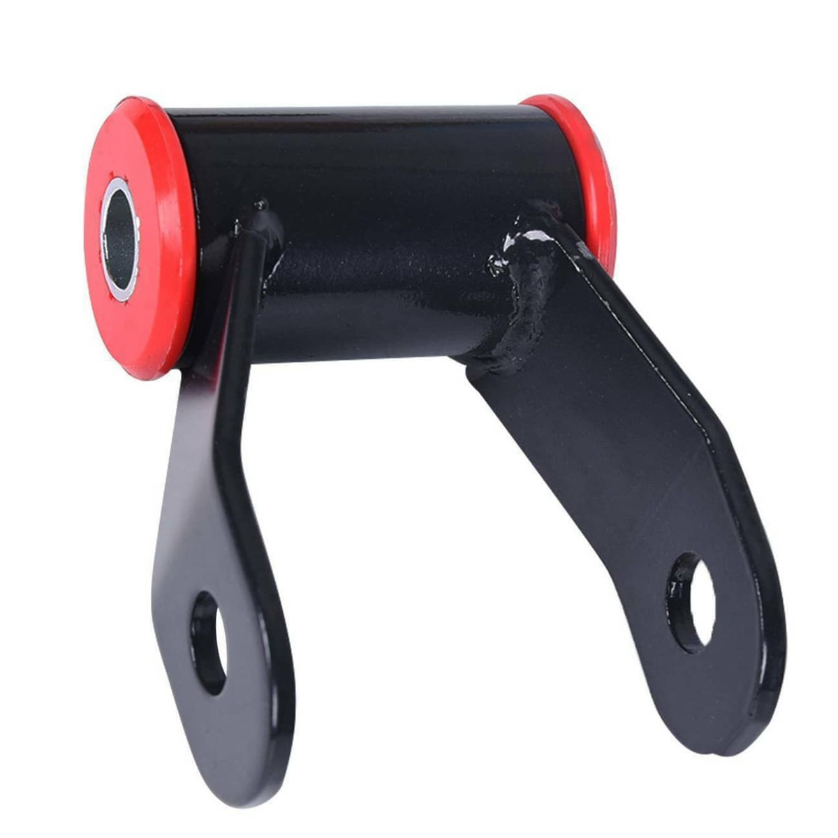 Rear shackle lift bracket with red end bushing and black mounting plates