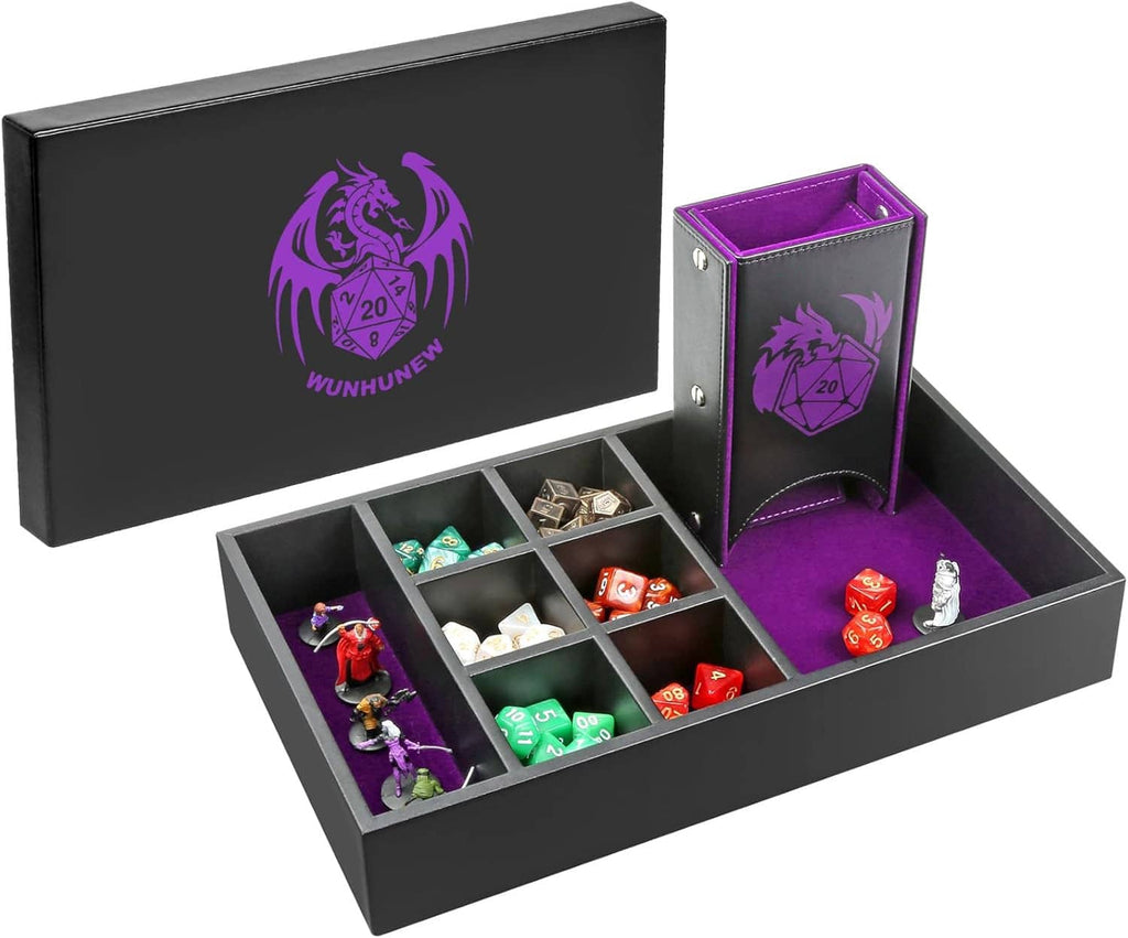 Open RPG dice holder case with purple interior lining, tower, and multi-grid tray