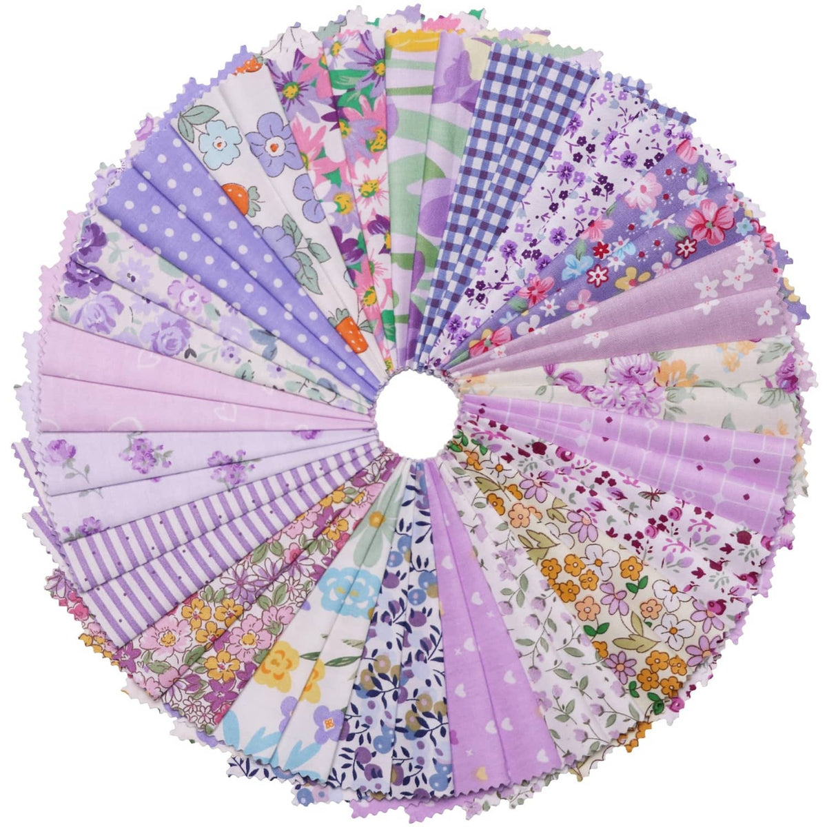 Round fan of purple cotton quilting squares with assorted florals, stripes, and checks