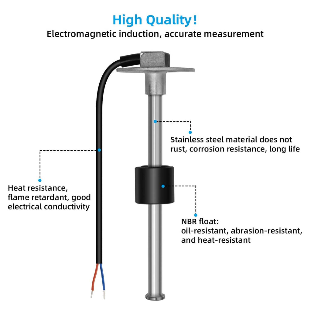 Fuel sender unit with stainless steel tube, black housing, and cable leads