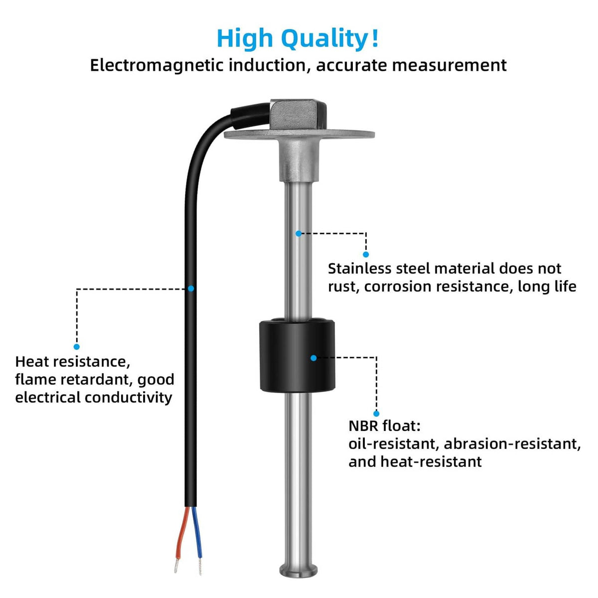 Fuel sender unit with stainless steel tube, black housing, and cable leads