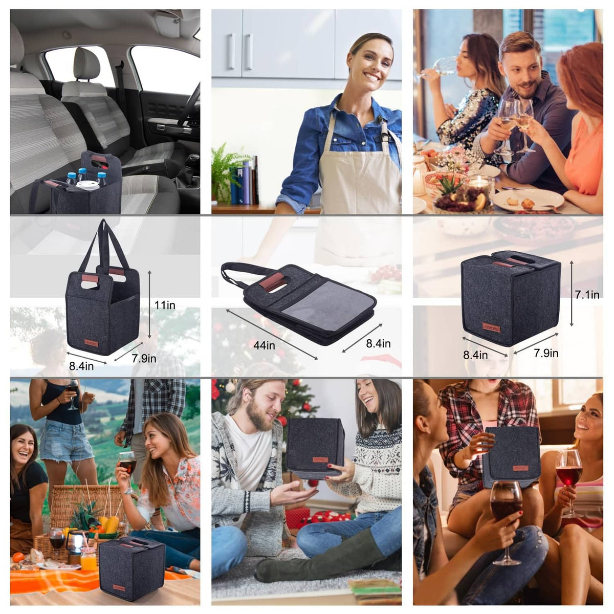 Portable dark gray drink carrier with handle, front pocket, and 4-cup capacity