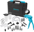 Brake bleeder kit with handheld vacuum pump, pressure gauge, hoses, adapters, and cups