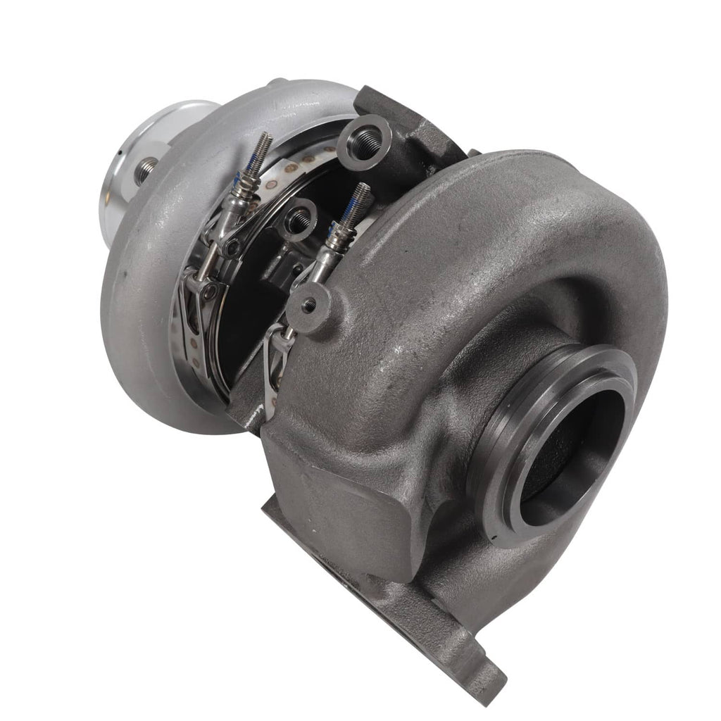Diesel turbocharger with cast housing, flange ports, and internal actuator hardware