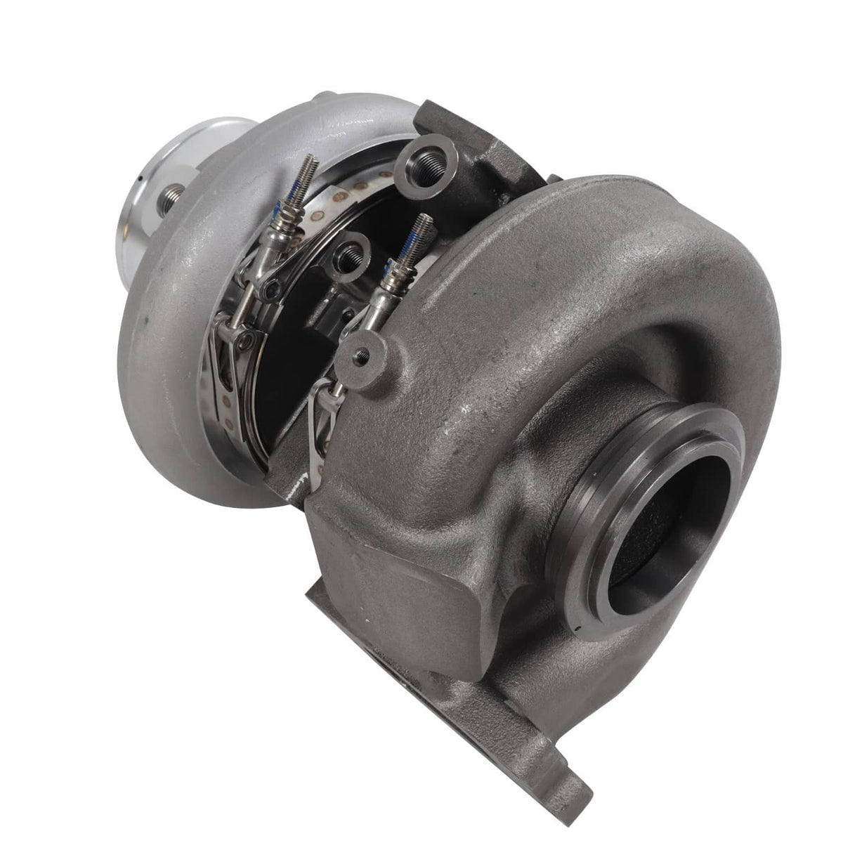 Diesel turbocharger with cast housing, flange ports, and internal actuator hardware