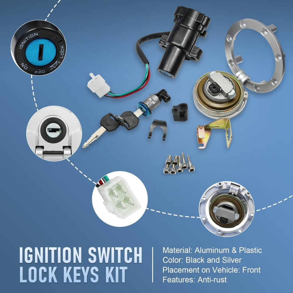 Ignition switch lock keys kit with metal cap and lock components, black and silver