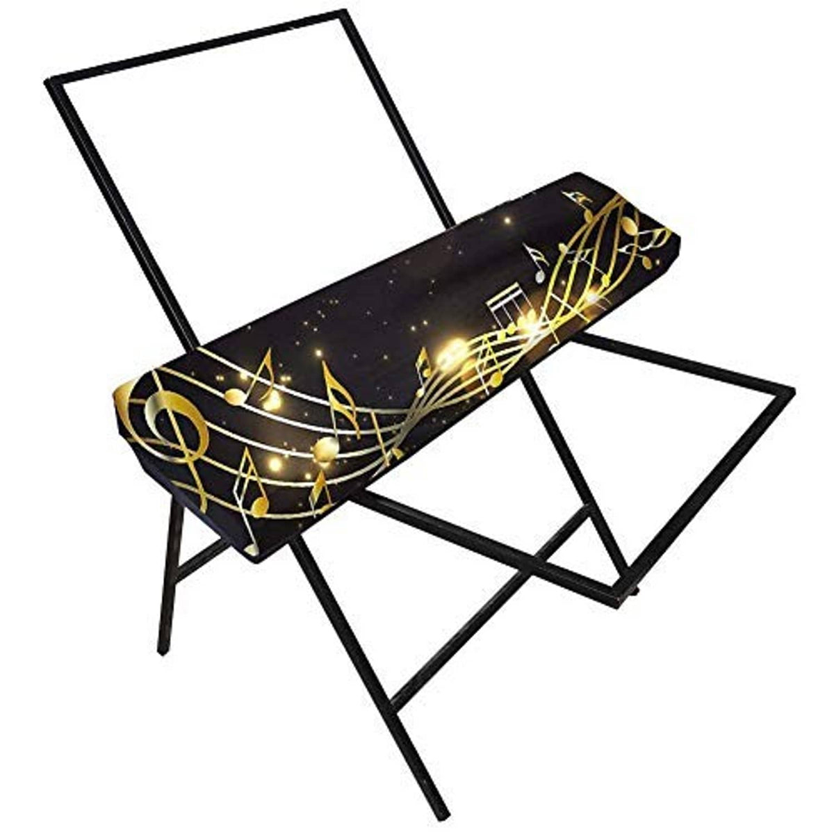 Stretchable dust cover for piano keyboard, dark fabric with gold music staff and notes