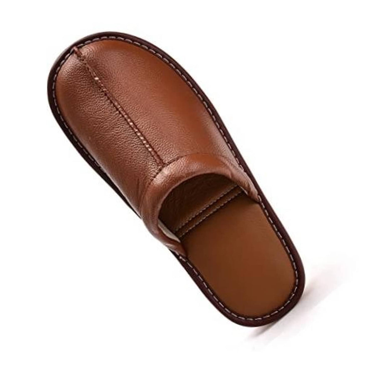 Light brown leather slide slippers with rounded open toe and stitched edges