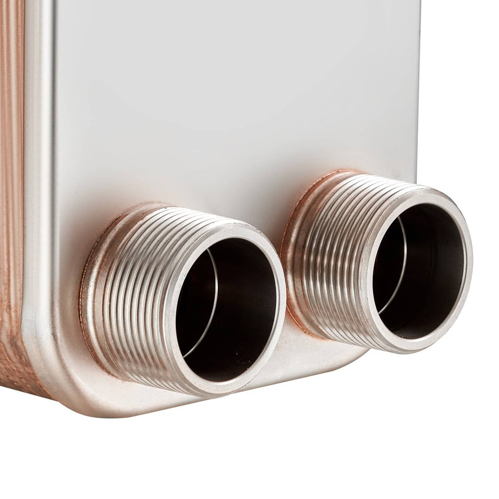 Brazed stainless heat exchanger showing two threaded pipe ports with MNPT threads