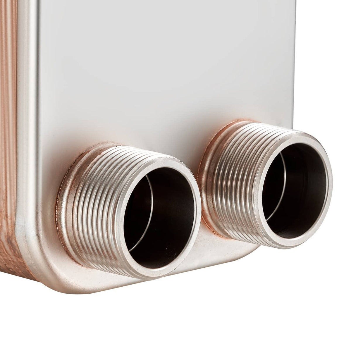 Brazed stainless heat exchanger showing two threaded pipe ports with MNPT threads