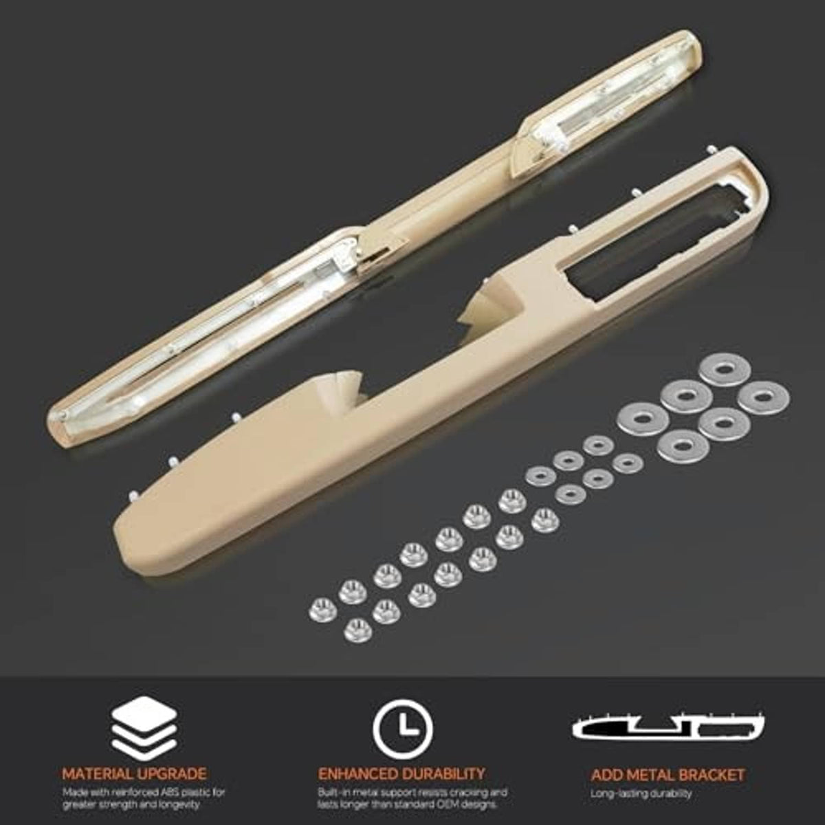 Tan door armrest panel with metal bracket and included washers and bolts