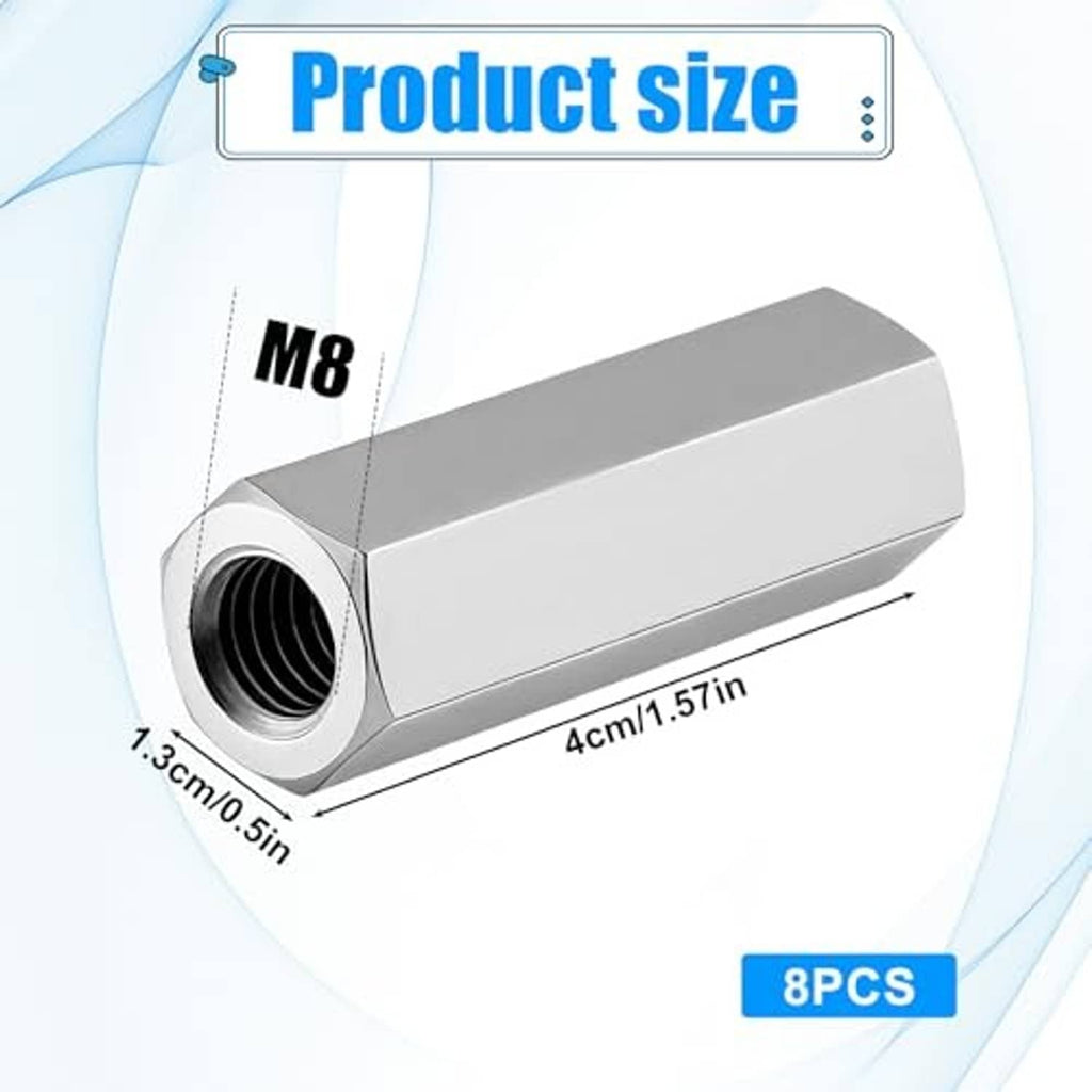 Single hex coupling nut, silver steel, M8 thread, 40mm length