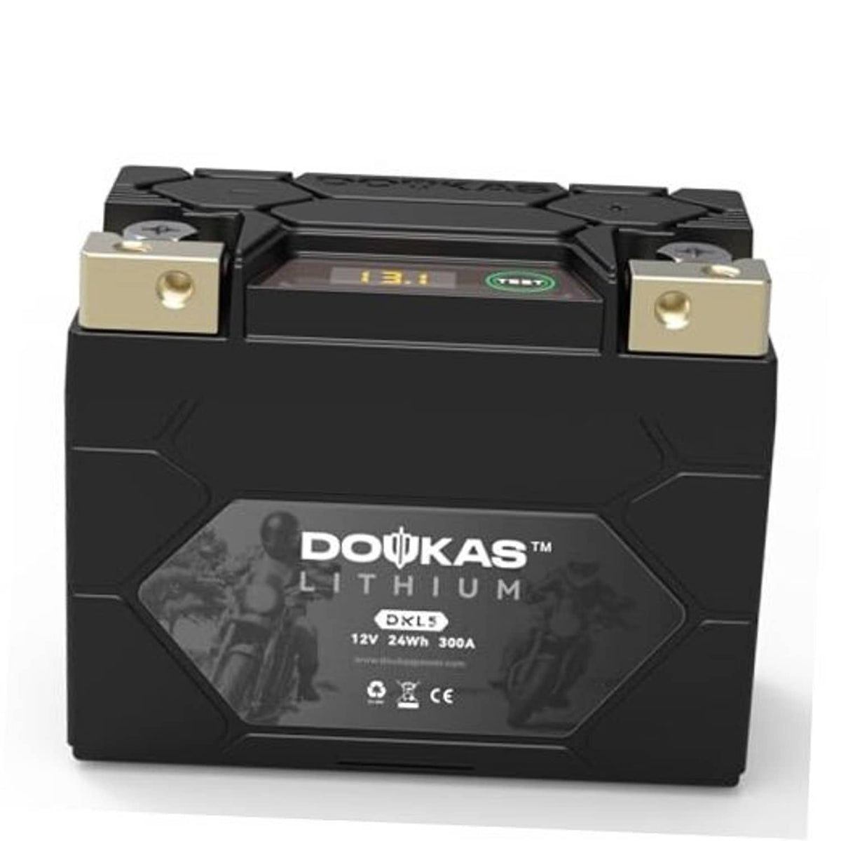 Black LiFePO4 motorcycle lithium battery with gold terminals and digital indicator screen