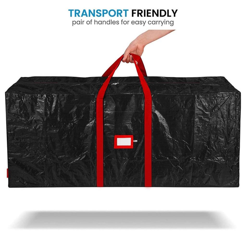 Large Christmas tree storage bag, black with red carry handles and front label patch