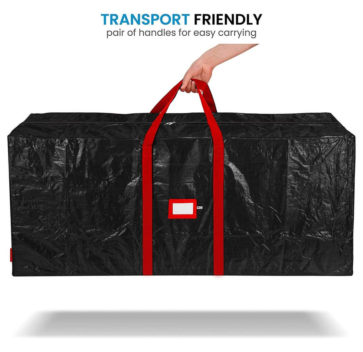 Large Christmas tree storage bag, black with red carry handles and front label patch