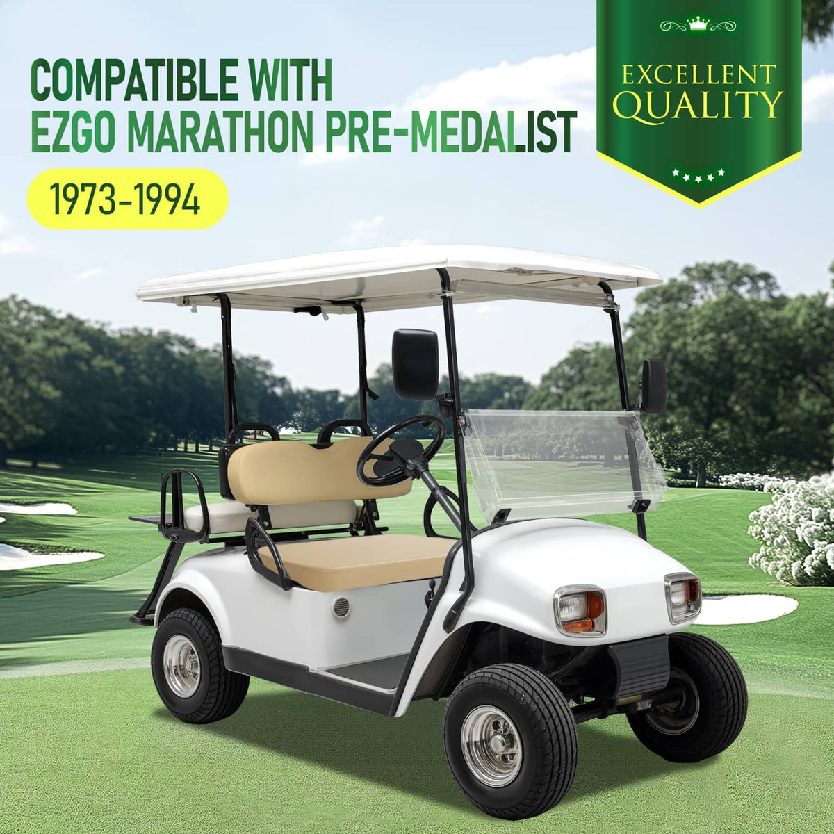 Tan golf cart seat cushion on a covered golf cart