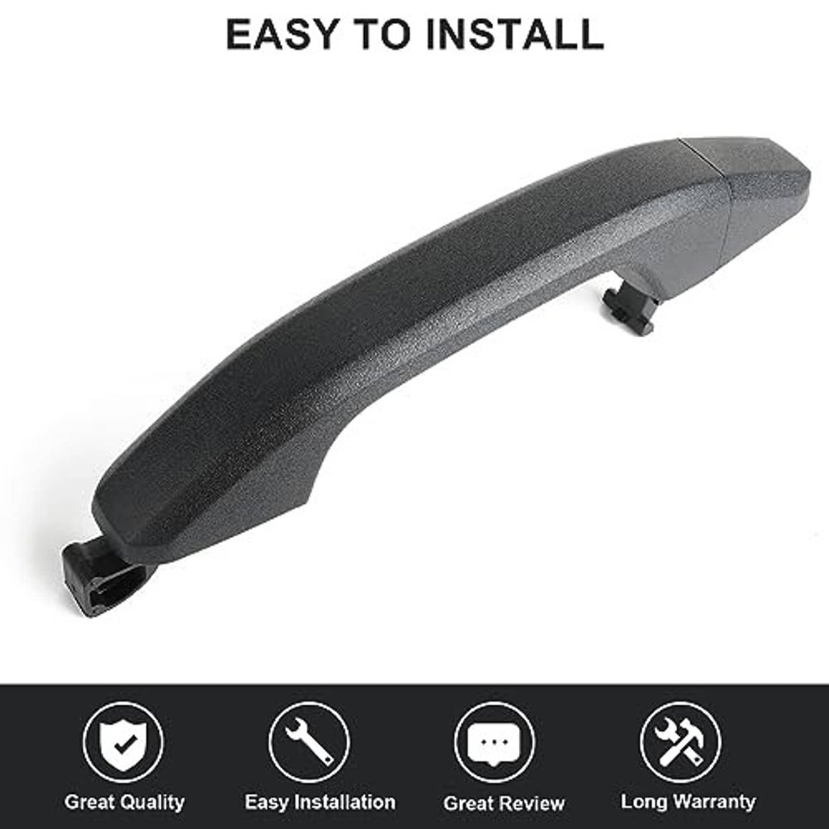 Textured black exterior door handle with curved shape and end clips for installation
