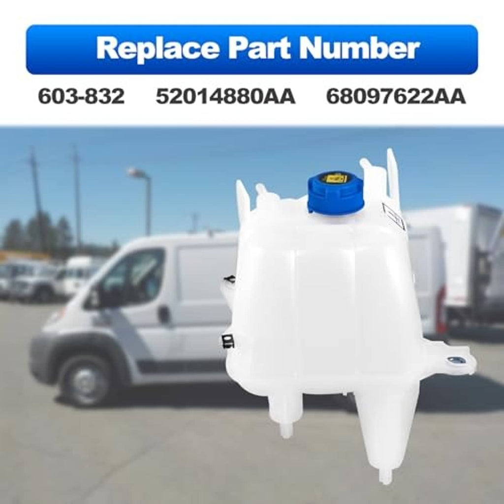 White coolant reservoir tank with blue cap, shaped with outlet and side mount
