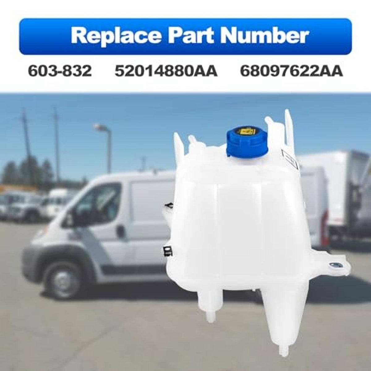 White coolant reservoir tank with blue cap, shaped with outlet and side mount