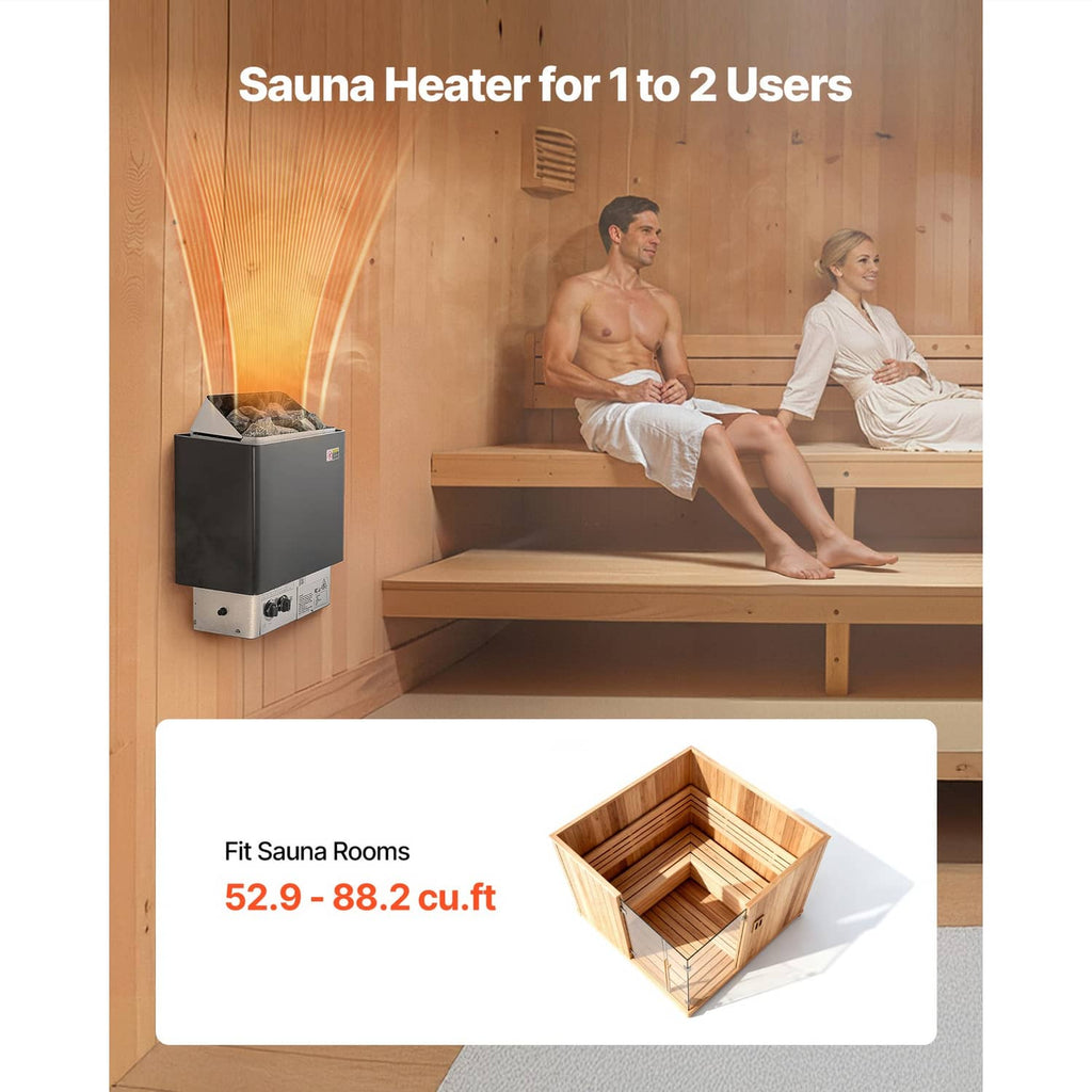 Wall-mounted sauna heater with dark gray body and control panel
