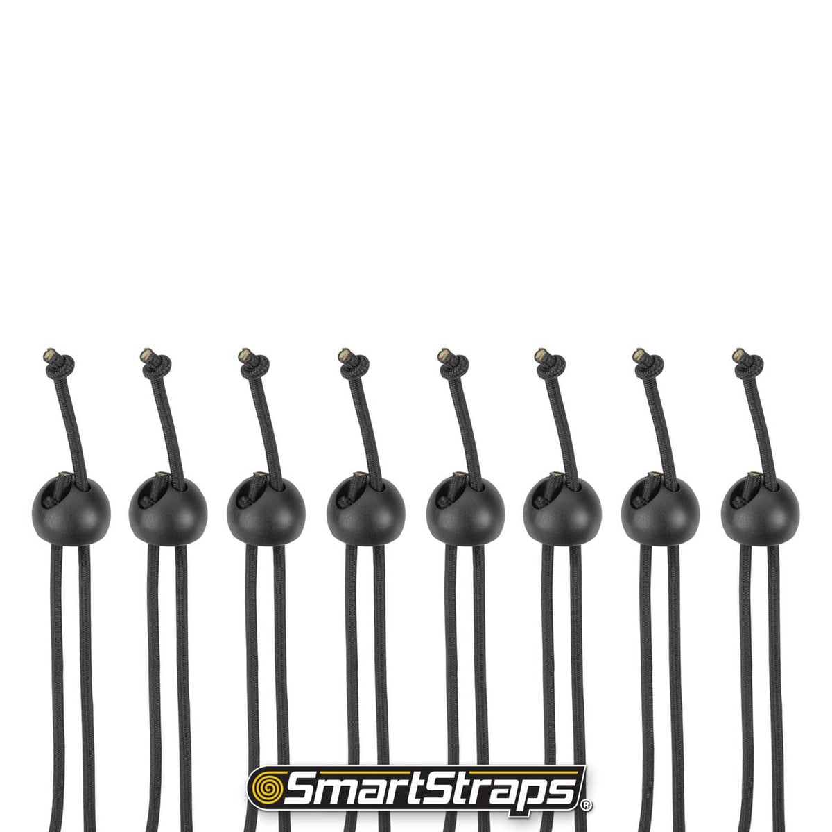 Multiple black adjustable toggle ball bungee cords with ball ends and cords