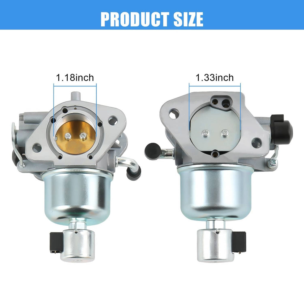 Carburetor with silver metal body and round fuel inlet, shown front and rear views