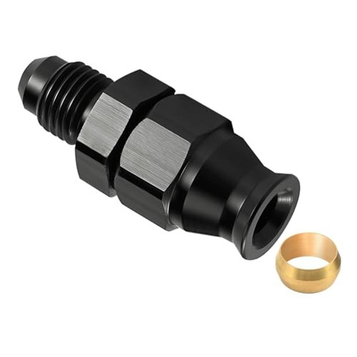 Black AN compression fitting adapter with silver hex insert and threaded outlet end