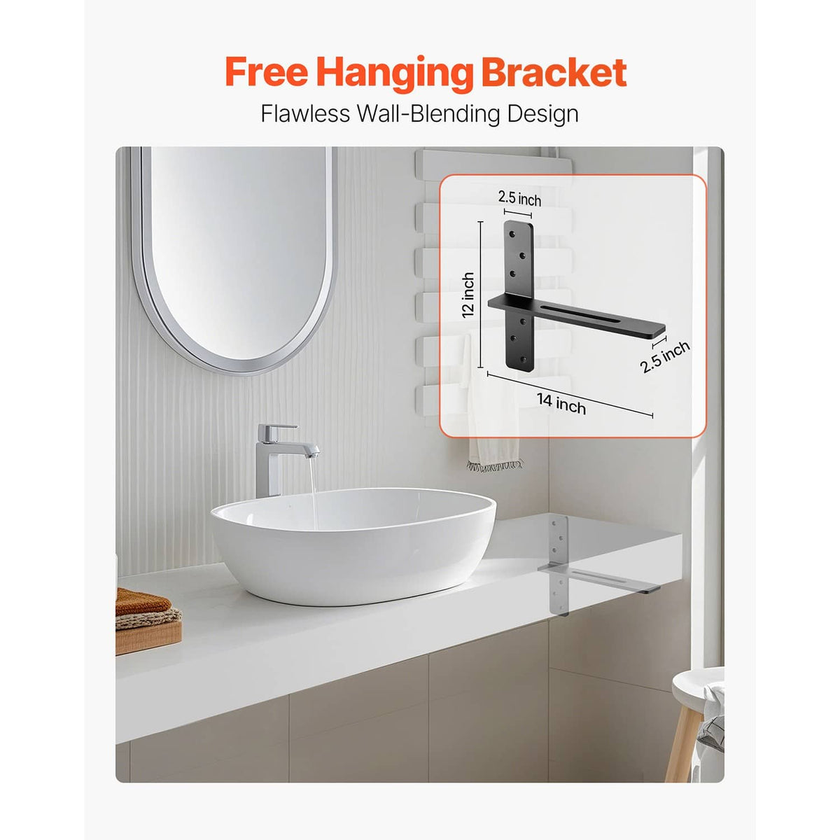 Installed matte black floating shelf brackets holding a wall shelf, steel with screw holes.