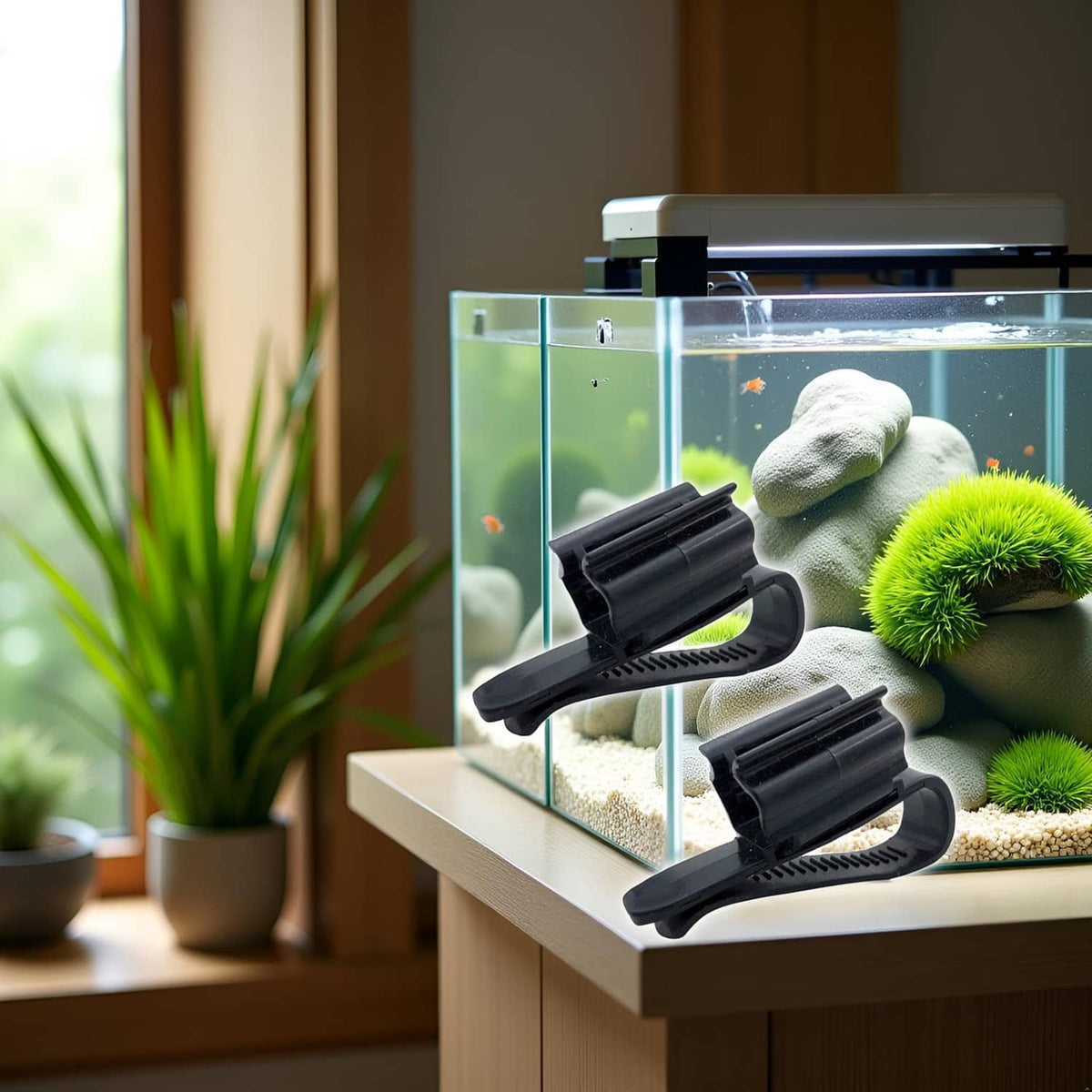 Two black hose mounting clips on tank glass with curved clamps and ridged grip