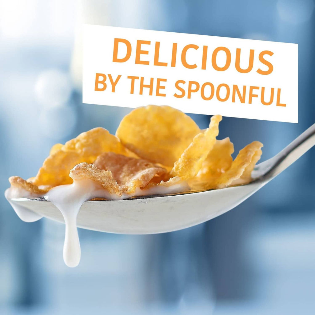 Cornflakes in a white bowl with milk, 'Delicious by the Spoonful' banner