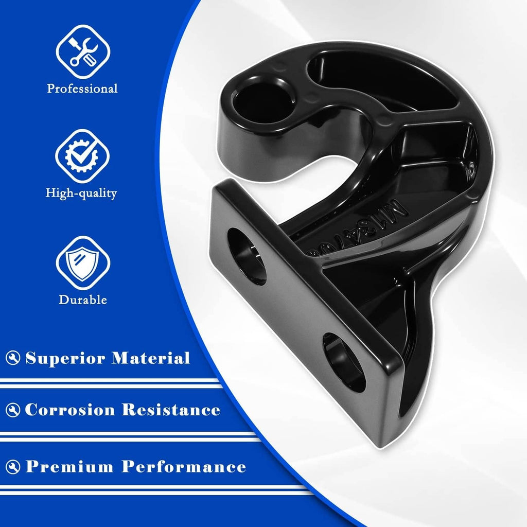 Black right-hand lower hood pivot bracket, angled view with circular hole