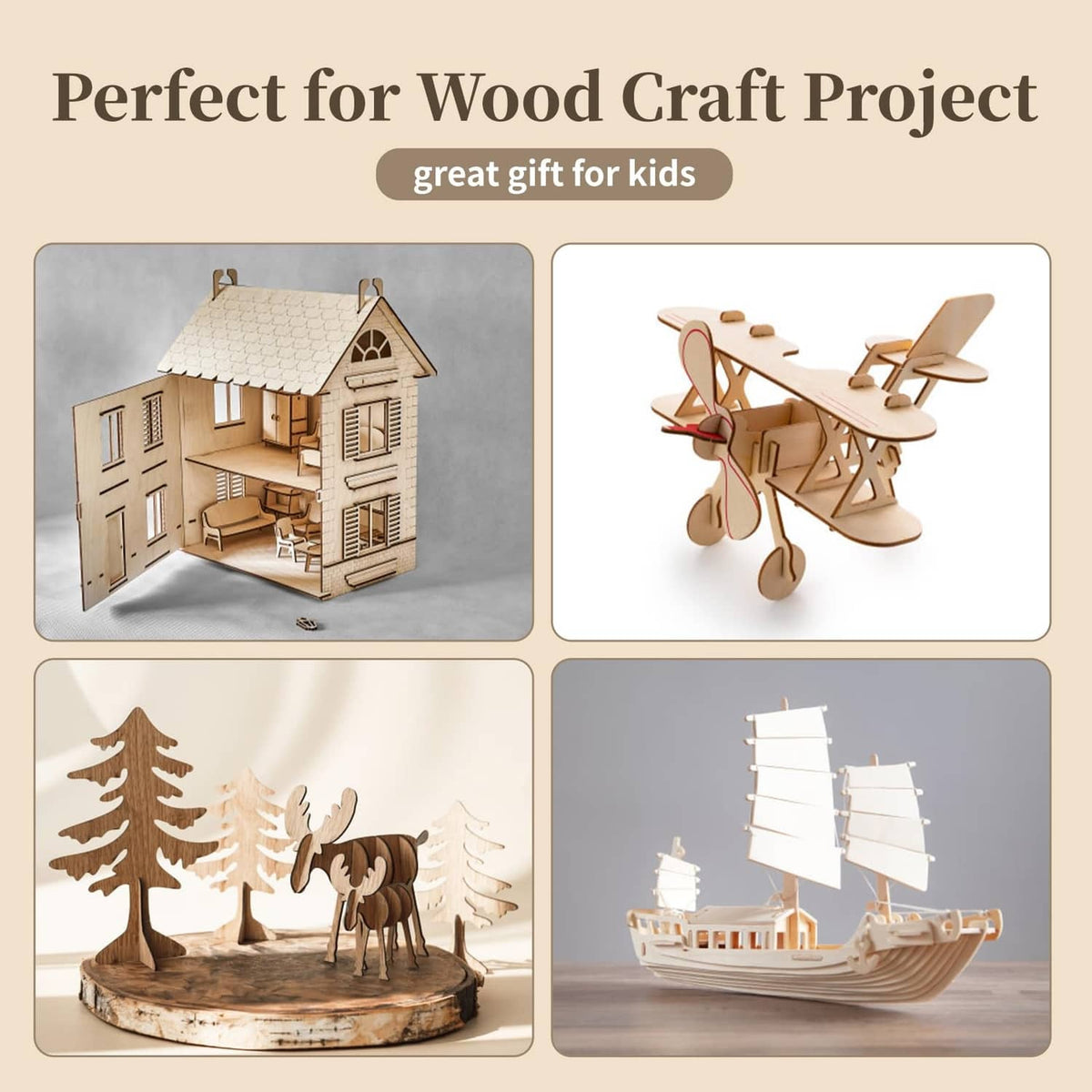 Wood craft models made from thin light basswood sheets, including house and sailboat