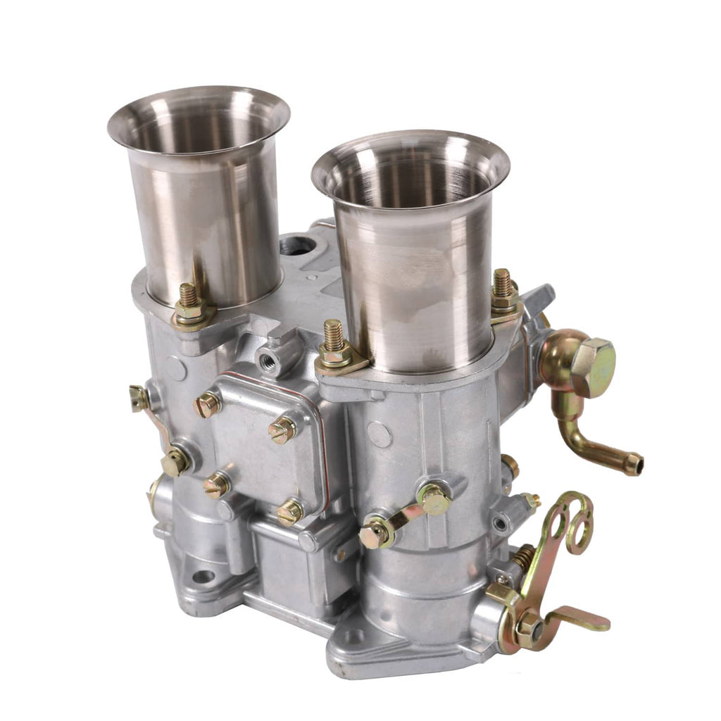 Metal twin-choke carburetor with two cylindrical air intakes and brass fittings