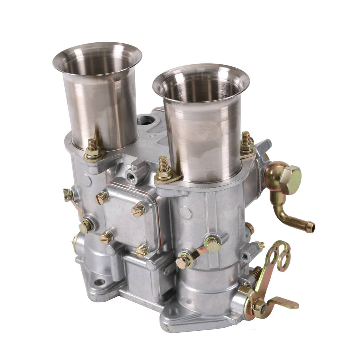 Metal twin-choke carburetor with two cylindrical air intakes and brass fittings