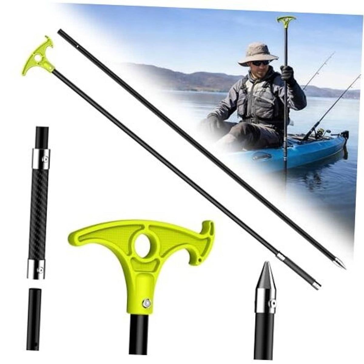 Two-section shallow water anchor pole kit with green grip and black fiberglass shafts