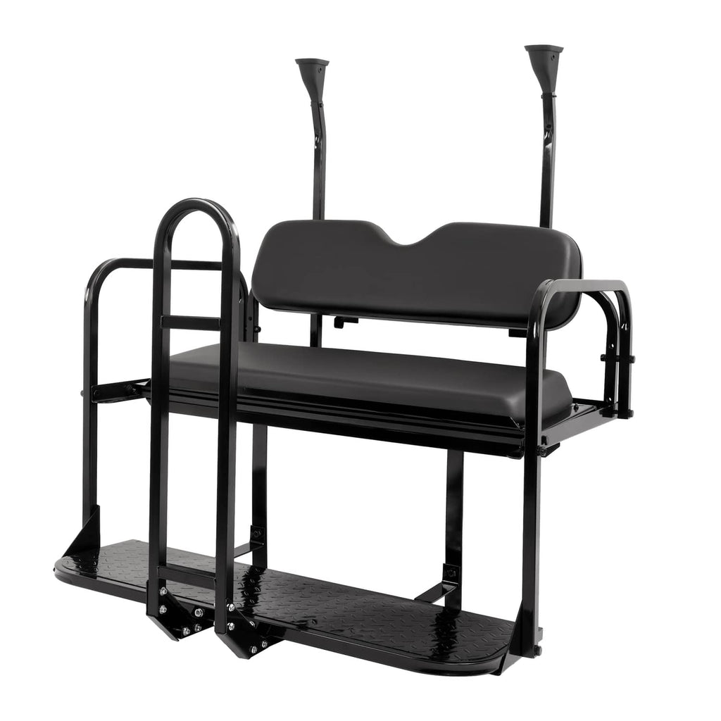 Black rear flip seat with padded seat cushion, armrests, and lower step platform