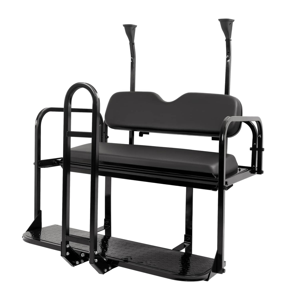Black rear flip seat with padded seat cushion, armrests, and lower step platform