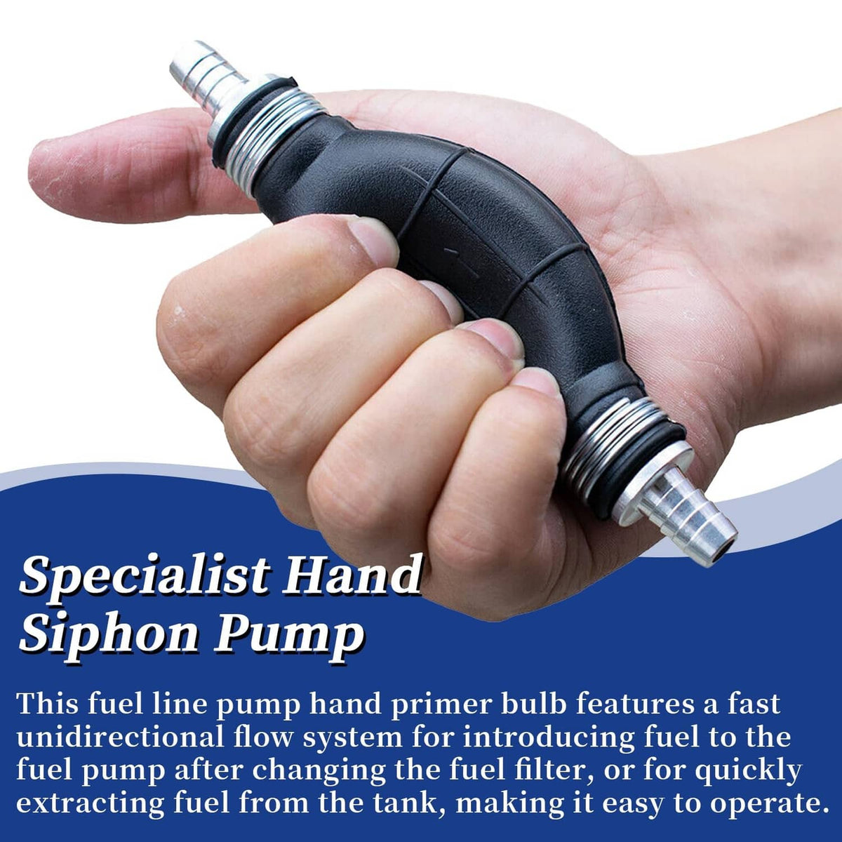 Black fuel line hand primer bulb with metal threaded hose connectors, held in hand