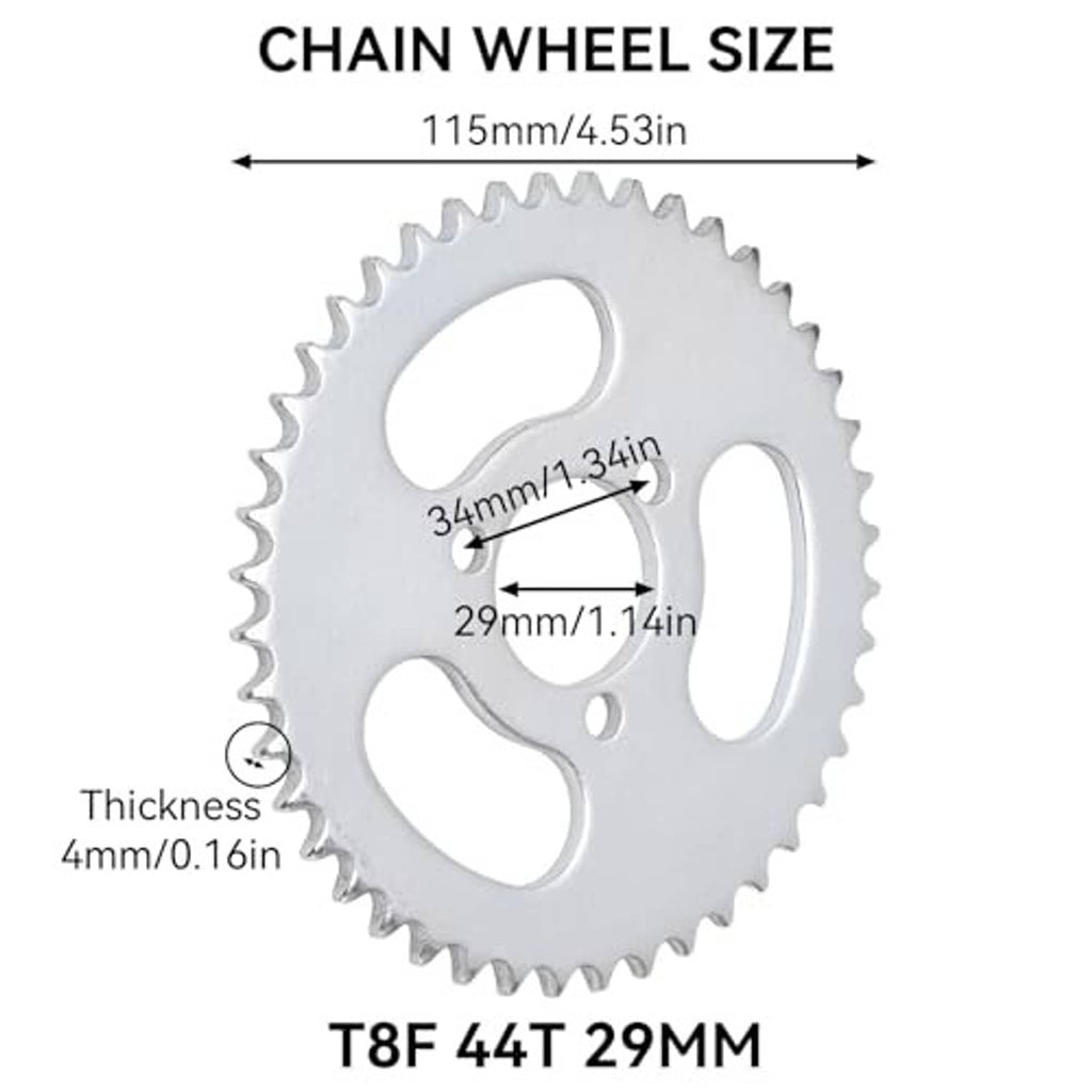 Metal sprocket gear with size markings 115mm and T8F 44T 29mm; thickness 4mm