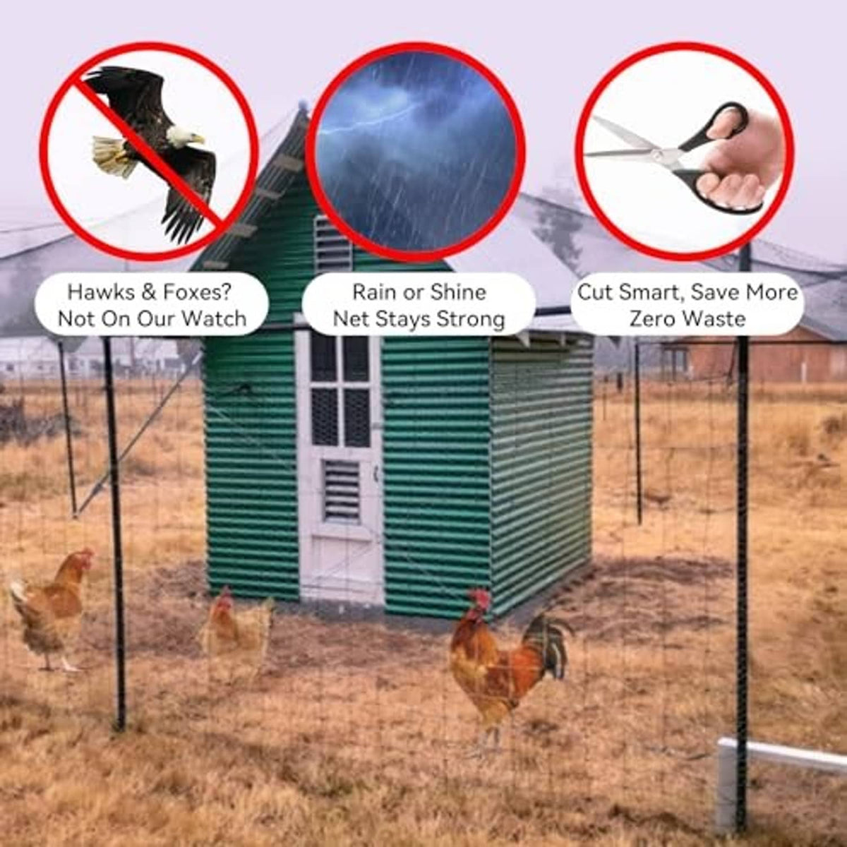 Green bird netting barrier stretched around an outdoor poultry pen