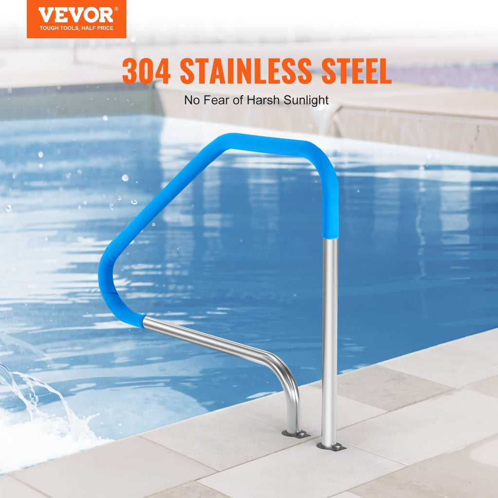 Stainless steel pool ladder handrail with blue top grips, upright posts, curved rail