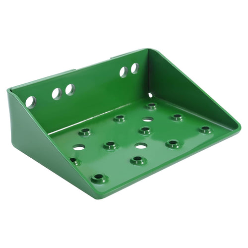 Green metal tractor side step platform with drain and mounting holes