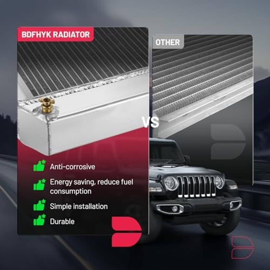 Aluminum radiator end tanks and fin surface shown for comparison
