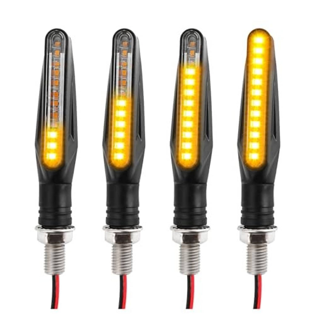 Four amber LED motorcycle turn signals, clear lens in black housings with threaded bases