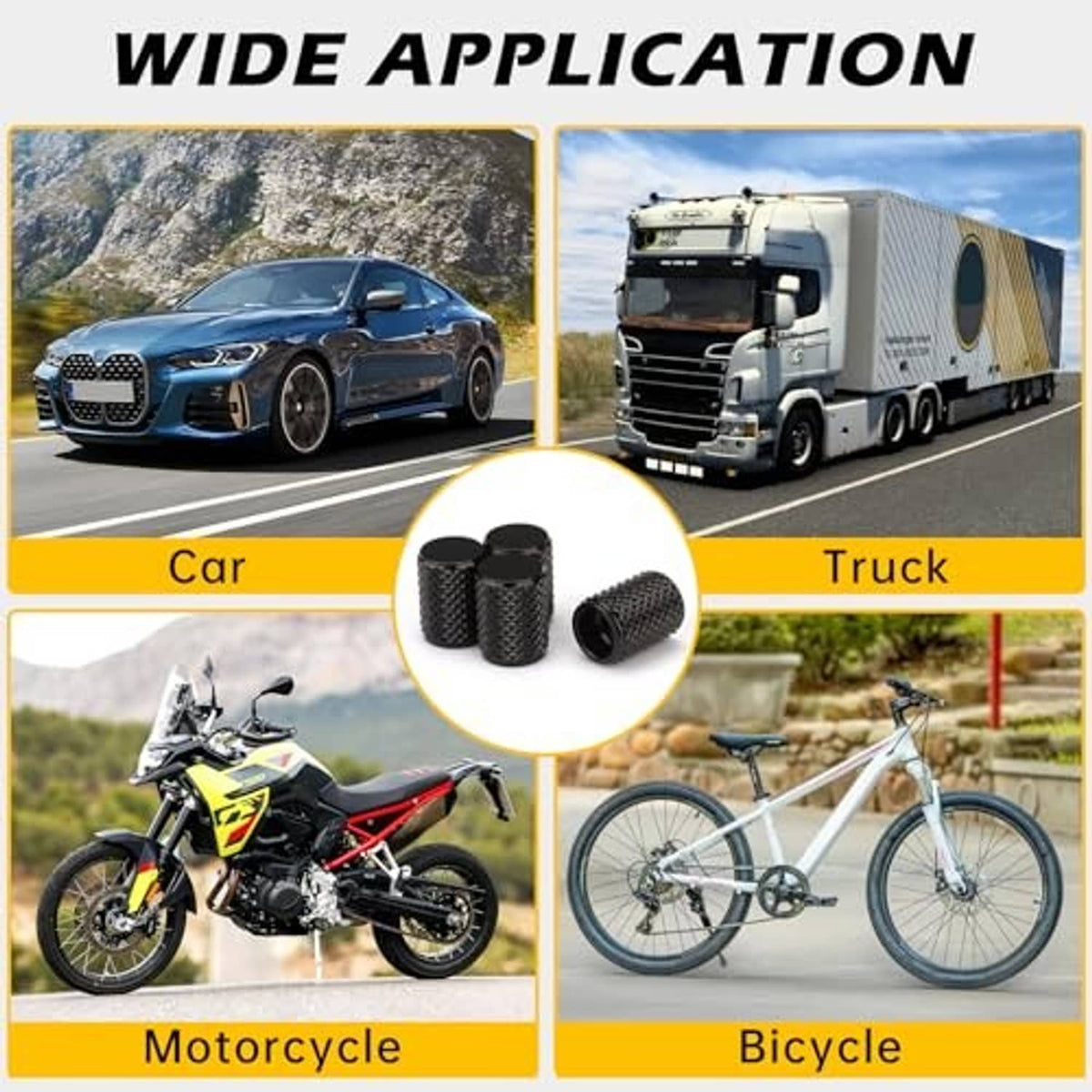 Black knurled tire valve stem caps, 4-pack, for cars, trucks, motorcycles, bicycles