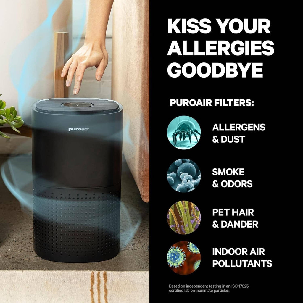 Black HEPA air purifier on table beside plant, top and front vents visible